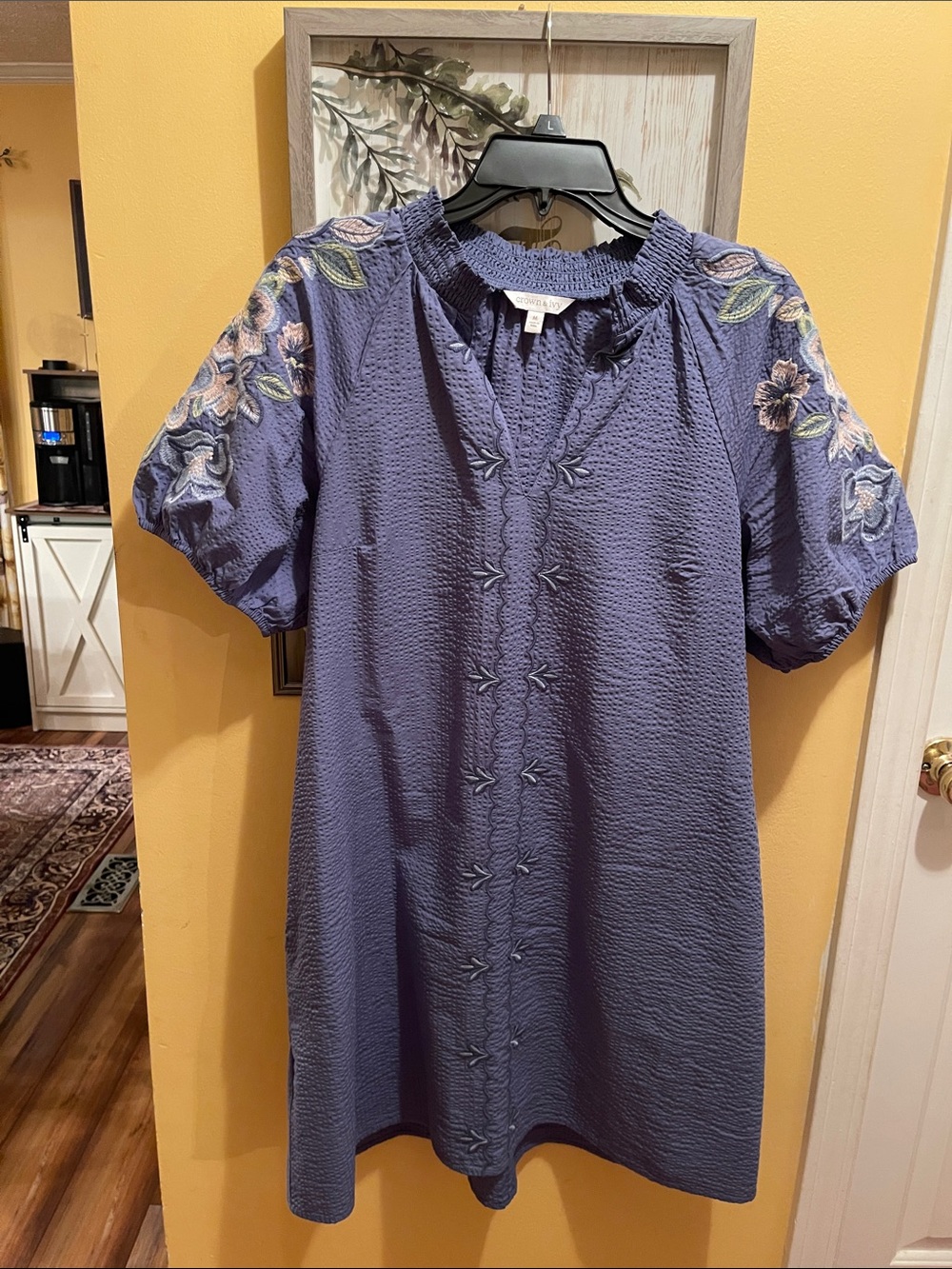 crown & ivy Embroidered Puff-Sleeve Dress in Dusty Blue